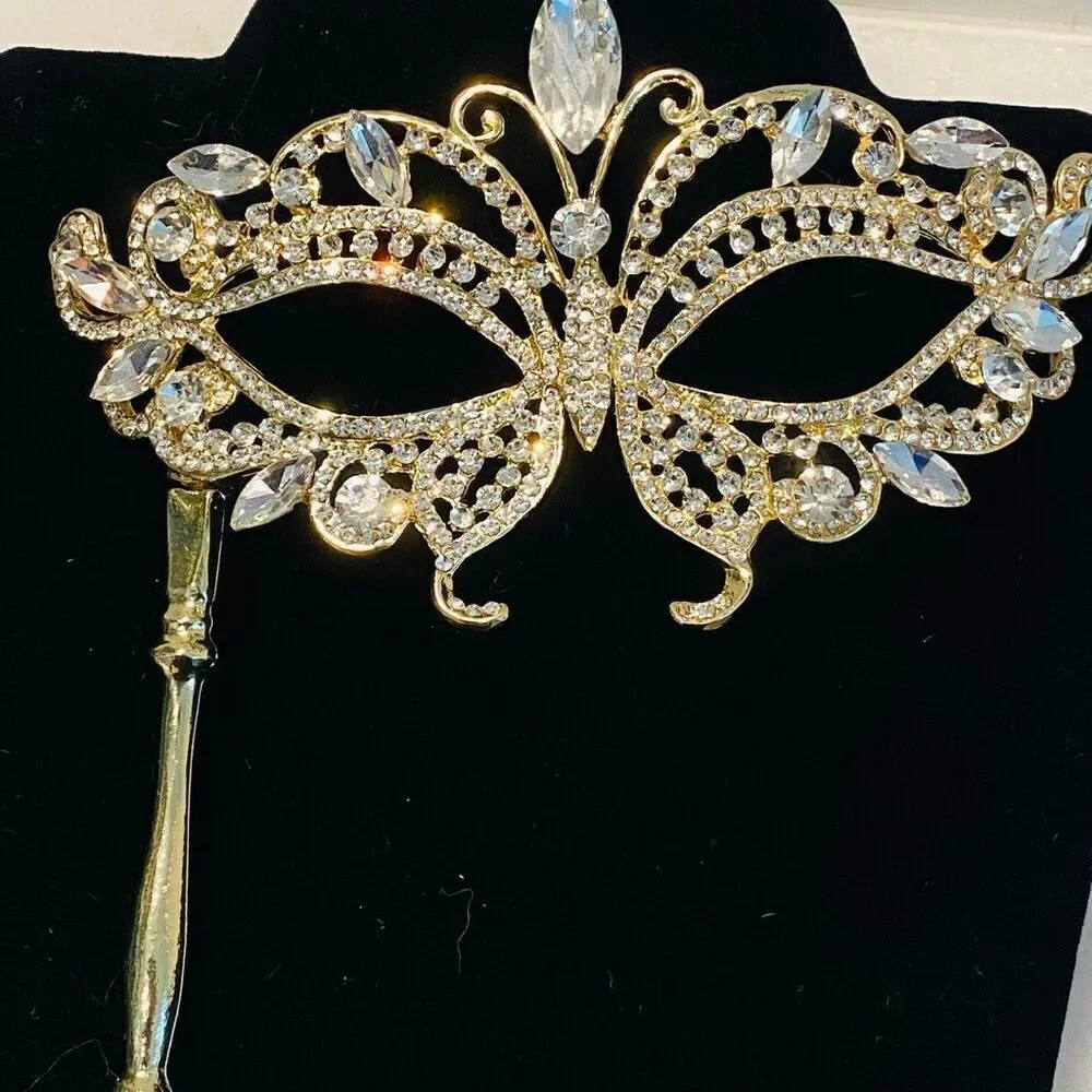 NWT AB Crystal Masquerade Rhinestone Prom Mask With Stick Handheld Gold-tone OS